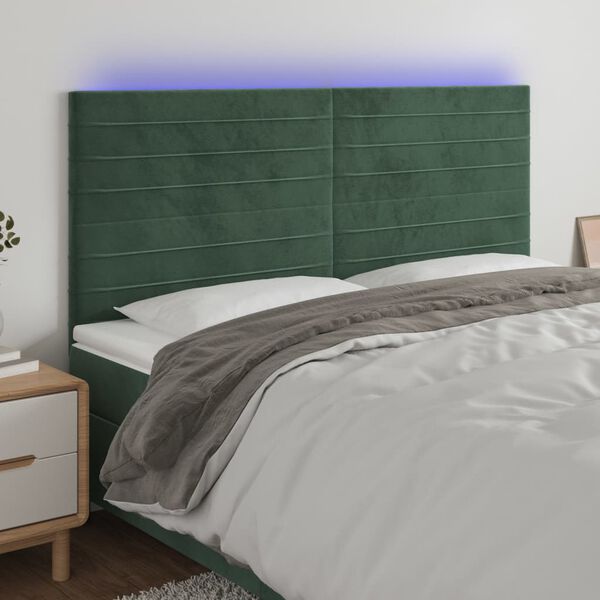 vidaXL sengegavl med LED-lys 200x5x118/128 cm fløjl mørkegrøn