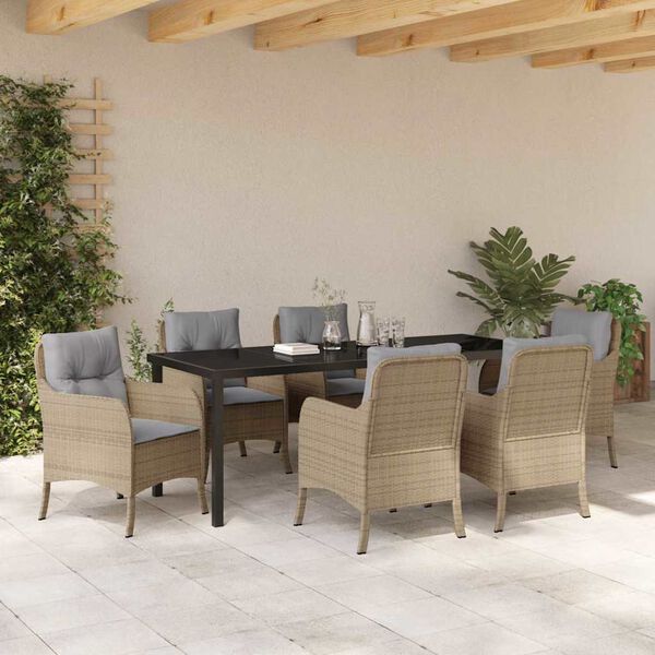 vidaXL Have Spisebordss&aelig;t med pude 7 pcs Beige polyrattan