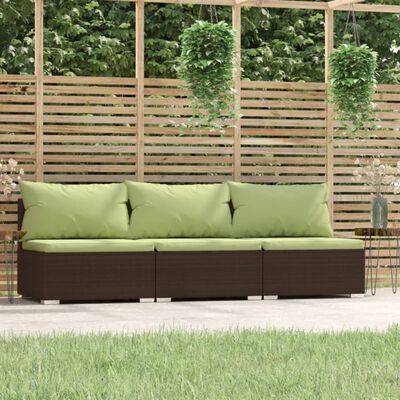 vidaXL 3-personers sofa med hynder polyrattan brun