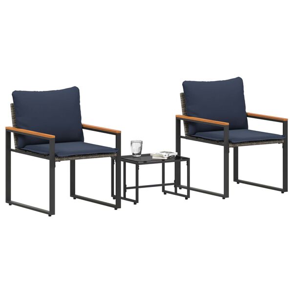 vidaXL M&oslash;bel s&aelig;t med pude 3 pcs Gr&aring; og Marinebl&aring; Rattan