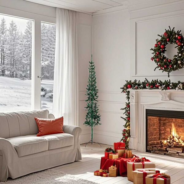 vidaXL kunstigt halvt juletræ med juletræsfod 150 cm smalt grøn