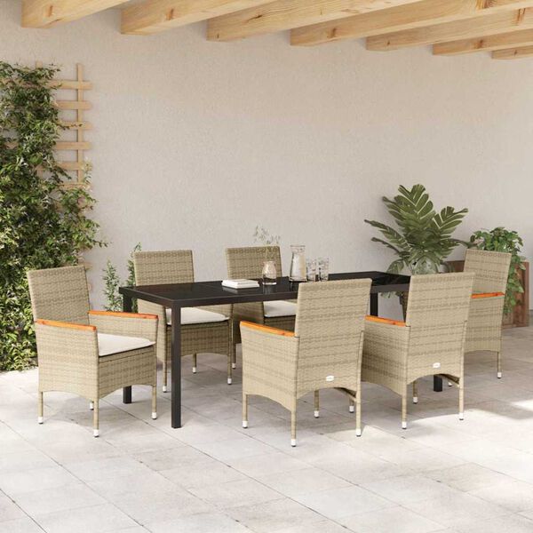 vidaXL Have Spisebordss&aelig;t med pude 7 pcs Beige polyrattan