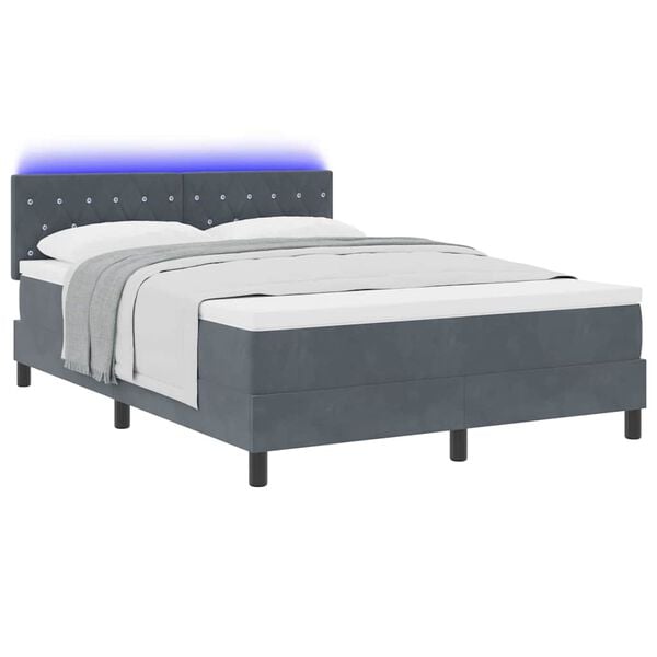 vidaXL LED Box Spring Bed med madras M&oslash;rkegr&aring; 140 x 200 cm Fl&oslash;jl