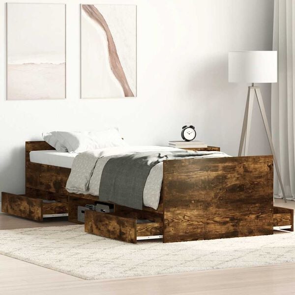 vidaXL sengeramme med sengegavl og fodg&aelig;rde 100x200 cm r&oslash;get egetr&aelig;