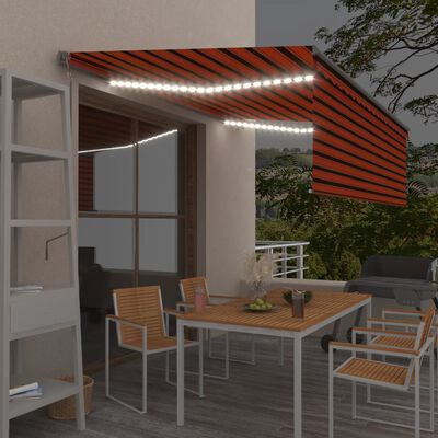 vidaXL markise m. gardin+LED+vindsensor 4x3 m automatisk orange/brun