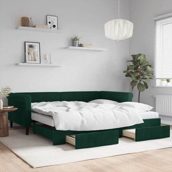 vidaXL daybed med udtr&aelig;k og skuffer 100x200 cm velour m&oslash;rkegr&oslash;n