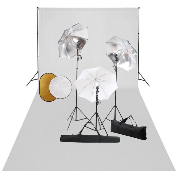 vidaXL fotostudieudstyr med lamper, paraplyer, baggrund og reflektor
