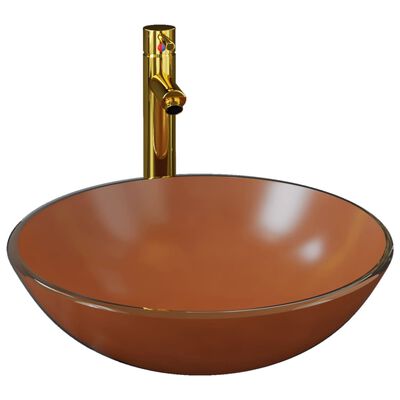 vidaXL håndvask til badeværelse m. hane og bundventil hærdet glas brun