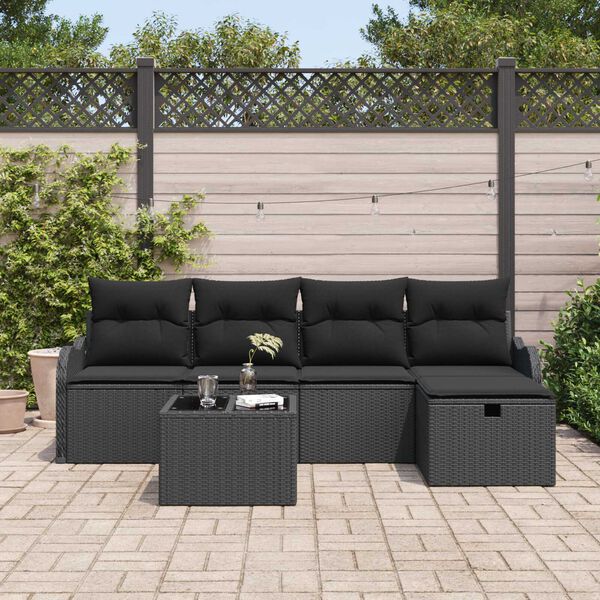 vidaXL Havesofa Sæt med pude med opbevaring 6 pcs Sort Poly rattan