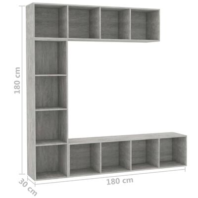 vidaXL bogskab/tv-skabssæt i 3 dele 180 x 30 x 180 cm betongrå