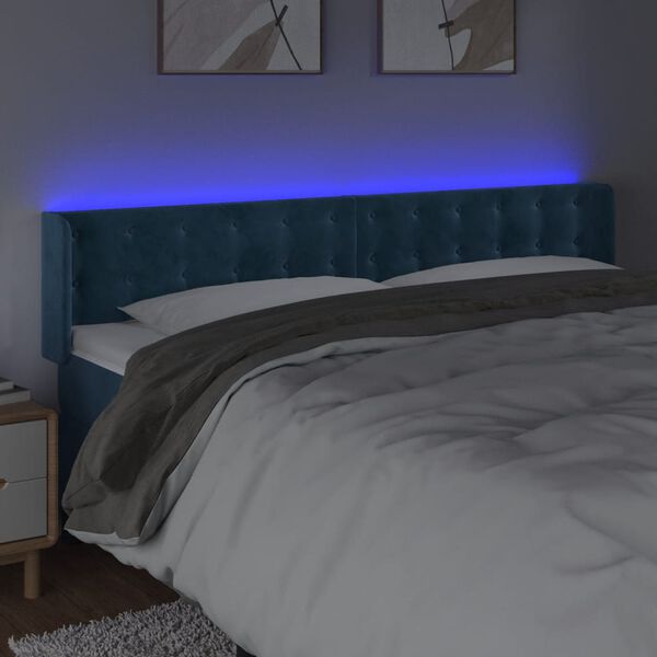 vidaXL sengegavl med LED-lys 163x16x78/88 cm fl&oslash;jl m&oslash;rkebl&aring;