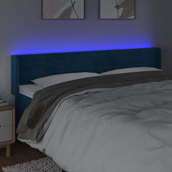 vidaXL sengegavl med LED-lys 163x16x78/88 cm fl&oslash;jl m&oslash;rkebl&aring;
