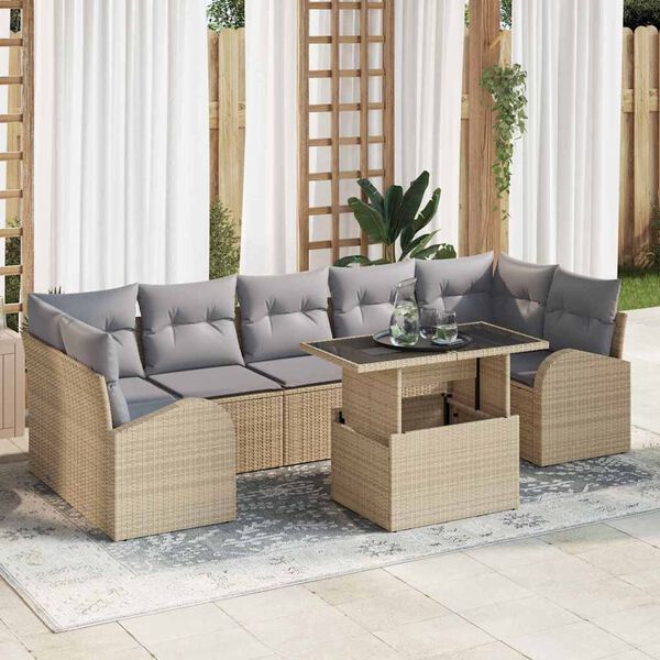 vidaXL Havesofa S&aelig;t med pude med opbevaring 8 pcs Beige Poly Rattan