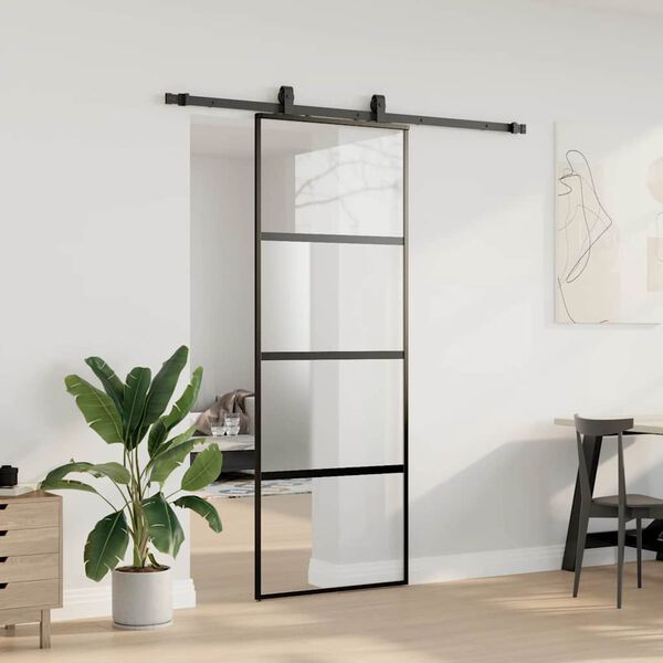 vidaXL skydedør med hardwaresæt 76x205 cm hærdet glas sort
