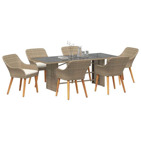 vidaXL Have Spisebordss&aelig;t med pude 7 pcs Beige polyrattan