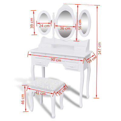 vidaXL toiletbord med taburet og 3 spejle hvid