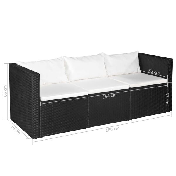 vidaXL 3-personers havesofa sort polyrattan med hvide hynder
