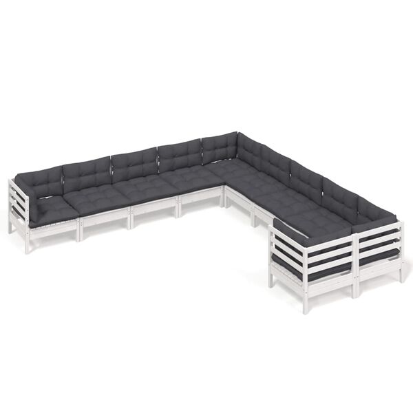 vidaXL loungesæt til haven 10 dele med hynder fyrretræ hvid