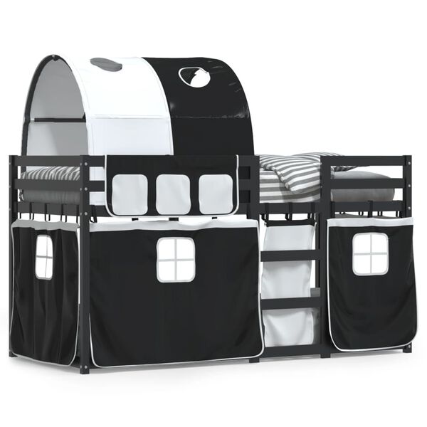 vidaXL k&oslash;jeseng med gardiner 90x200 cm massivt fyrretr&aelig; hvid og sort