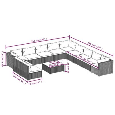 vidaXL loungesæt til haven 12 dele med hynder polyrattan brun
