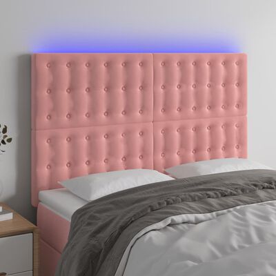 vidaXL sengegavl med LED-lys 144x5x118/128 cm fløjl lyserød