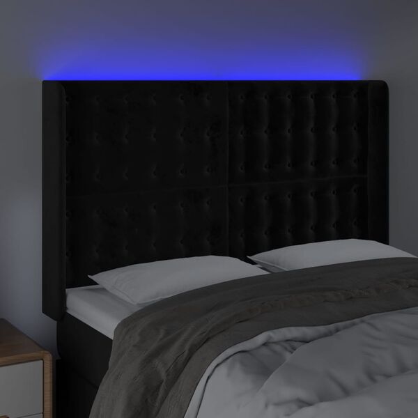 vidaXL sengegavl med LED-lys 147x16x118/128 cm fl&oslash;jl sort