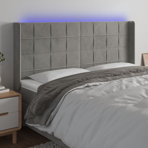 vidaXL sengegavl med LED-lys 203x16x118/128 cm fl&oslash;jl lysegr&aring;