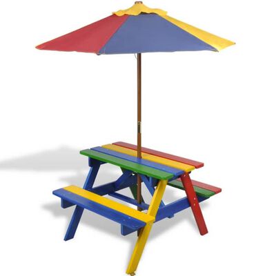 vidaXL bord- og bænkesæt til børn med parasol træ flerfarvet