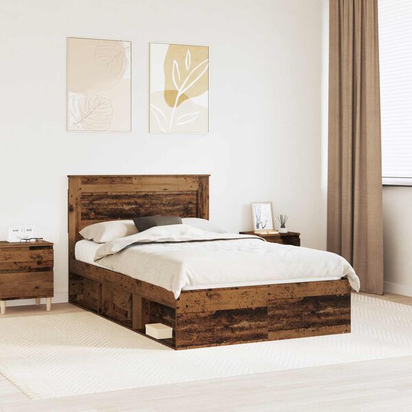 vidaXL Sengestel med skuffe Gammelt træ 135 x 190 cm Massiv fyrretræ