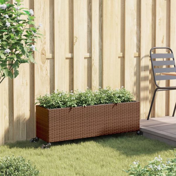 vidaXL plantekasse med hjul og 3 krukker 107x32x38 cm polyrattan brun