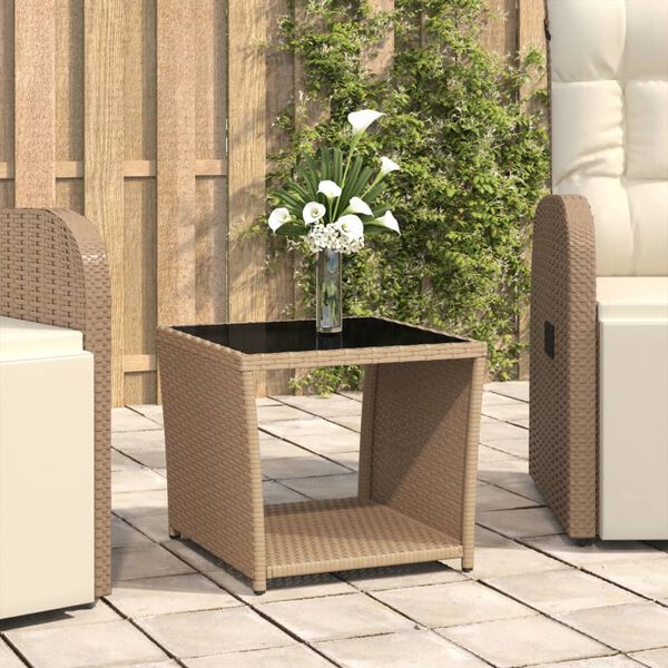vidaXL havebord med glasbordplade polyrattan og h&aelig;rdet glas beige
