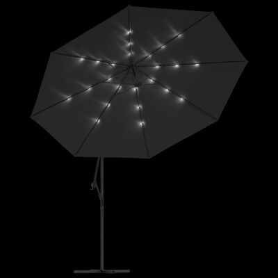 vidaXL hængeparasol med LED-lys 350 cm sort
