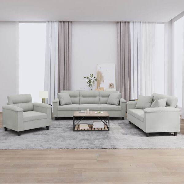 vidaXL sofas&aelig;t 3 dele med puder mikrofiberstof lysegr&aring;