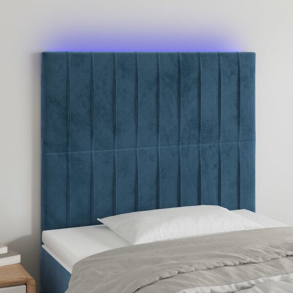 vidaXL sengegavl med LED-lys 100x5x118/128 cm fl&oslash;jl m&oslash;rkebl&aring;