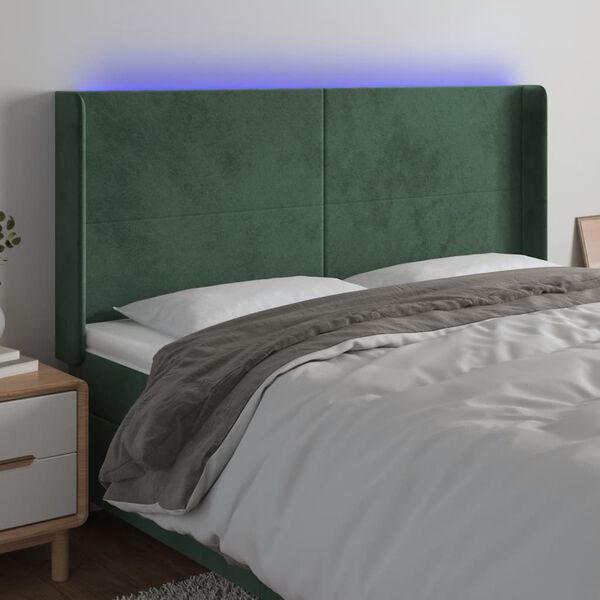 vidaXL sengegavl med LED-lys 203x16x118/128 cm fl&oslash;jl m&oslash;rkegr&oslash;n