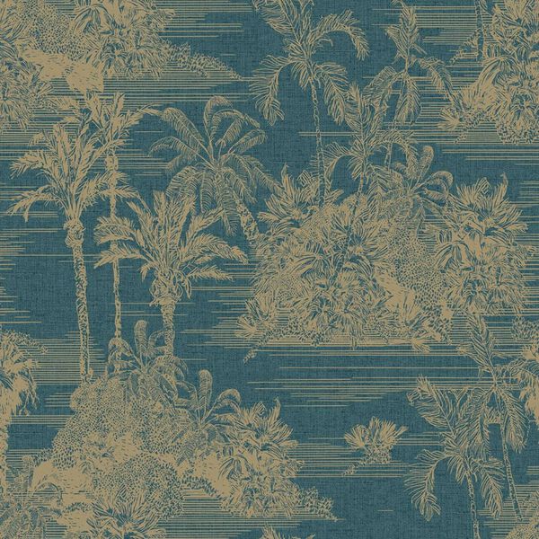 DUTCH WALLCOVERINGS tapet Tropical m&oslash;rkebl&aring; og guldfarvet
