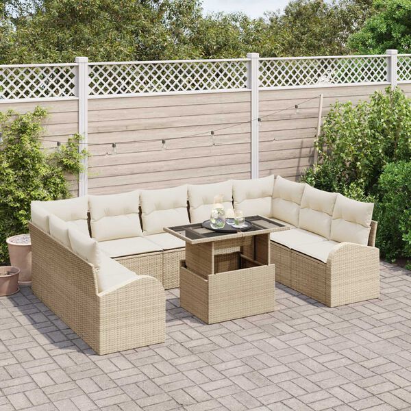 vidaXL Havesofa S&aelig;t med pude med opbevaring 10 pcs Beige Poly rattan