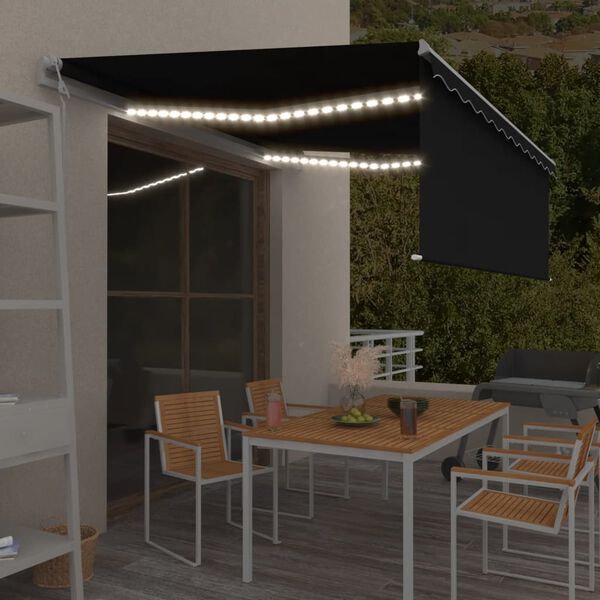 vidaXL markise m. gardin+LED+vindsensor 4x3 m automatisk antracitgr&aring;