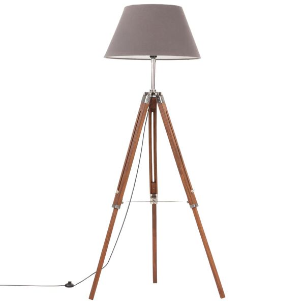 vidaXL gulvlampe med trefod 141 cm massivt teaktræ honningbrun og grå