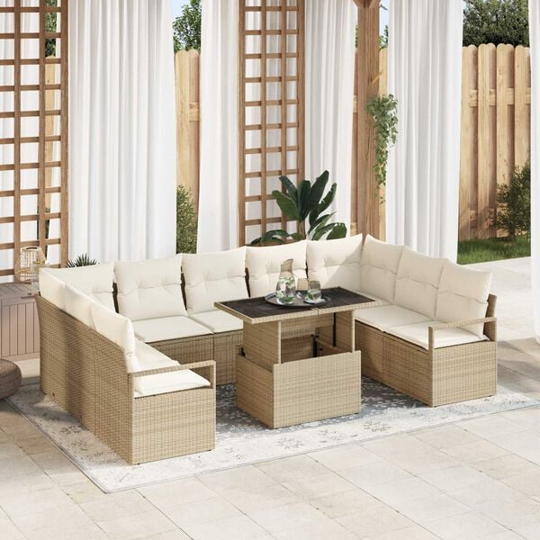 vidaXL Havesofa S&aelig;t med opbevaring 10 pcs Beige Poly rattan