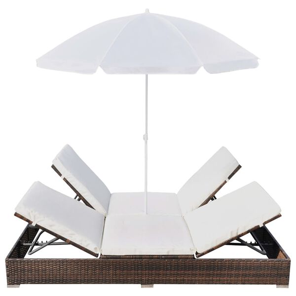 vidaXL loungeseng med parasol polyrattan brun