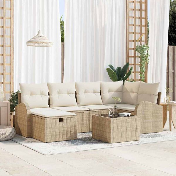 vidaXL Havesofa Sæt med pude med opbevaring 7 pcs Beige Poly rattan