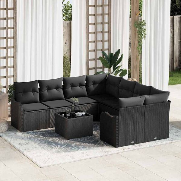 vidaXL Havesofa S&aelig;t med pude 9 pcs Sort Poly Rattan og St&aring;l og Glas