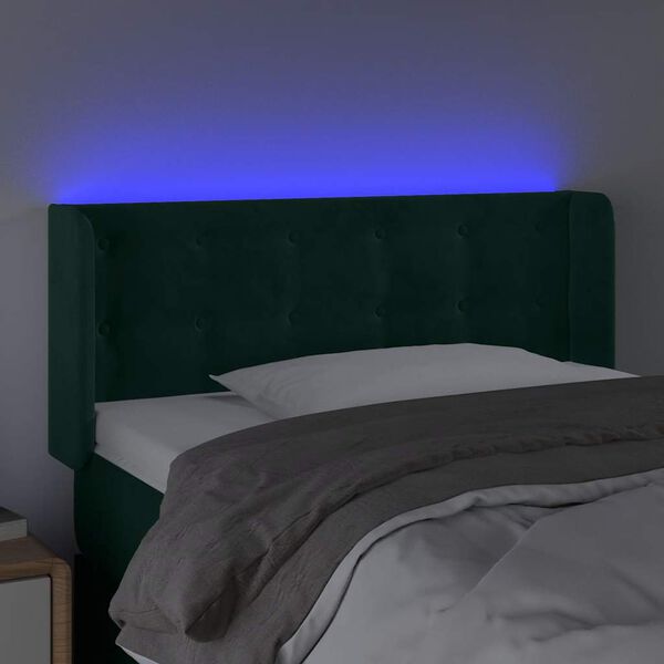 vidaXL sengegavl med LED-lys 103x16x78/88 cm fl&oslash;jl m&oslash;rkegr&oslash;n