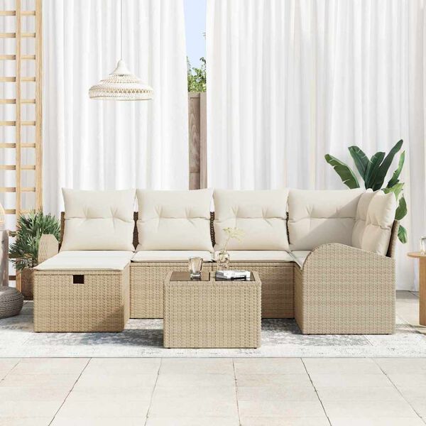 vidaXL Havesofa Sæt med pude med opbevaring 7 pcs Beige Poly rattan