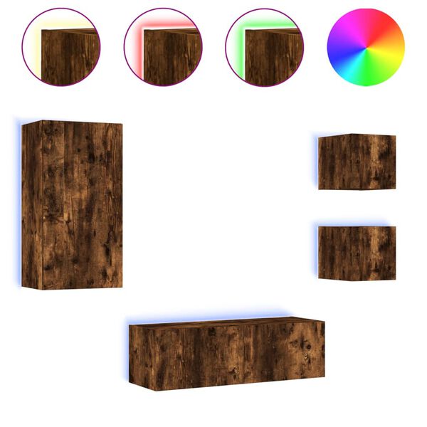 vidaXL tv-m&oslash;bel til v&aelig;g med LED-lys 4 dele r&oslash;get egetr&aelig;sfarve