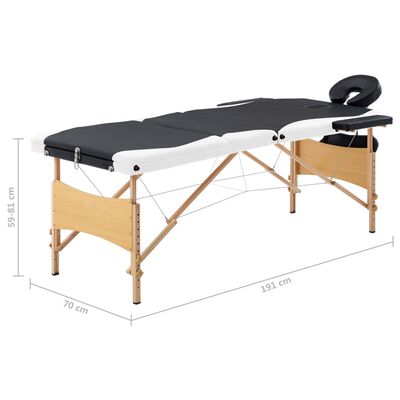 vidaXL sammenfoldeligt massagebord med træstel 3 zoner sort og hvid