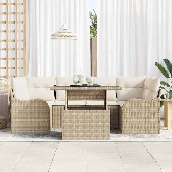 vidaXL Havesofa S&aelig;t med pude med opbevaring 7 pcs Beige Poly Rattan