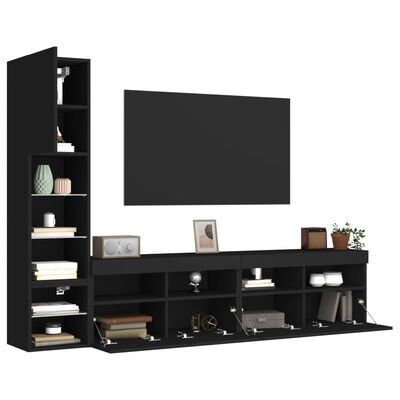 vidaXL tv-møbel til væg 4 dele med LED-lys konstrueret træ sort