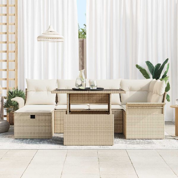 vidaXL Havesofa S&aelig;t med pude med opbevaring 7 pcs Beige Poly rattan
